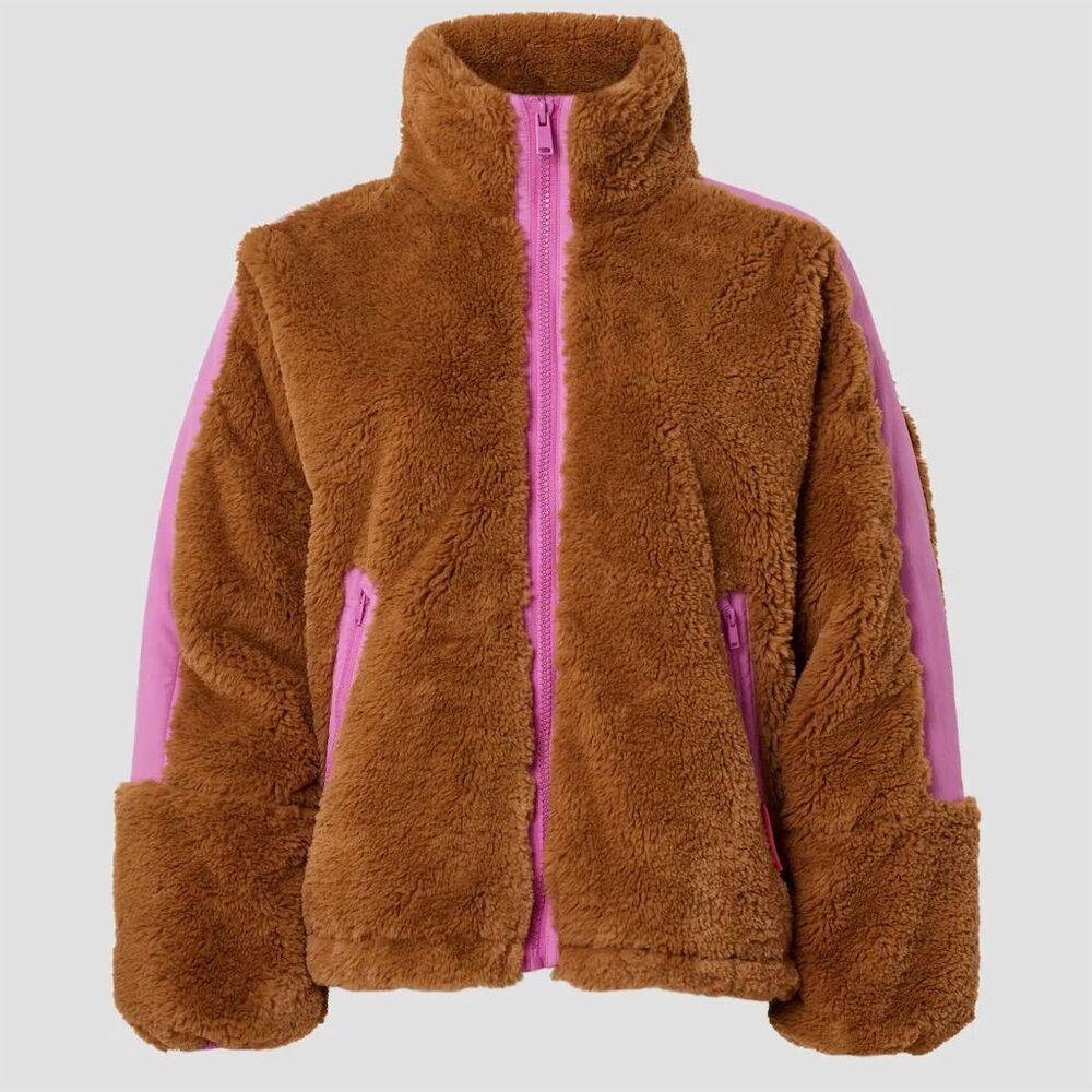 OOF Women's Faux Fur Brown/Pink High-Neck Jacket Size 42 (Medium)​